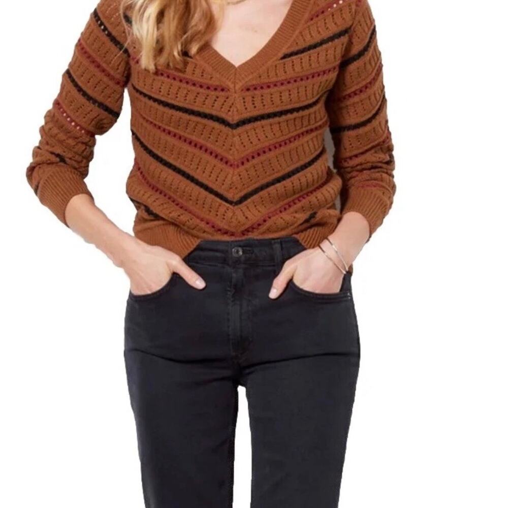 Retro 70s Chevron Pointelle Knit V-Neck Sweater Dark Academia Evereve Sawyer Xs